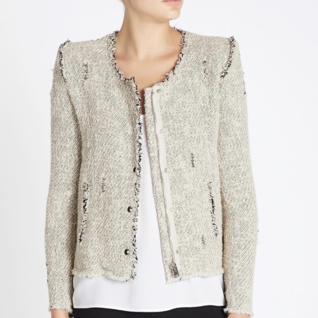 Iro Distressed Tweed Boucle Moto Jacket Raw Edge Collarless
